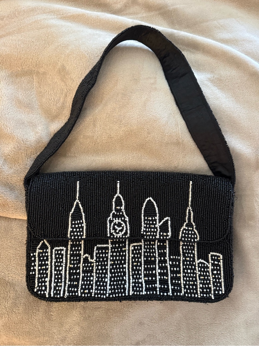Black Beaded Cityscape Shoulder Bag